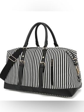 Alice + Olivia Black White Striped Weekender Duffle Bag Travel Carry On- NWOT